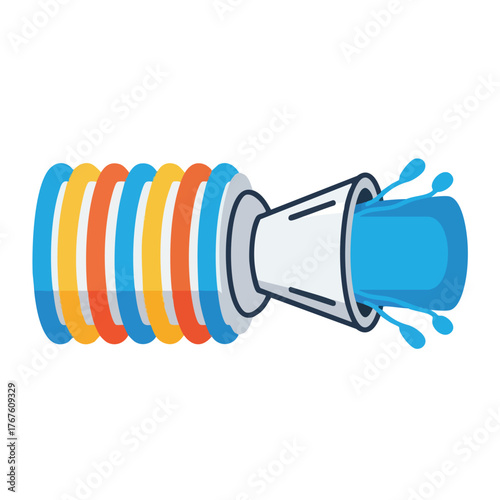 A colorful hose spraying blue water, isolated on white.