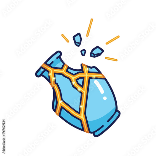 A broken blue vase repaired with golden lacquer, kintsugi style.