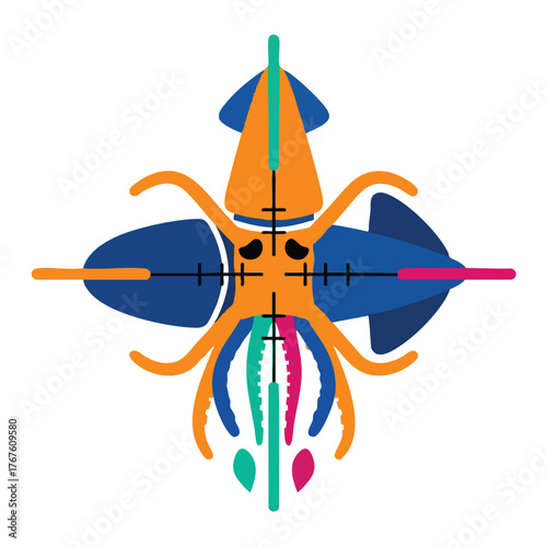 Stylized of a squid in crosshairs with colorful tentacles.