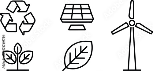 Clean energy icons representing sustainability and environmental protection including a recycling symbol a solar panel a wind turbine a growing plant and a leaf