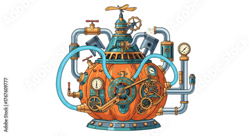 Steampunk Pumpkin Machine: Intricate Gears, Pipes, and Gauges on White