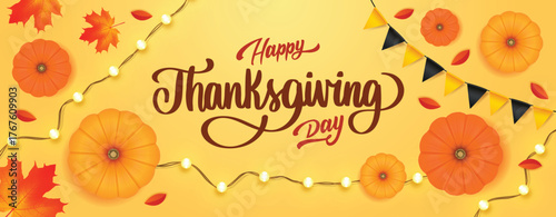 Happy Thanksgiving Day Celebration with Pumpkins, Autumn Leaves, and Glowing Lights