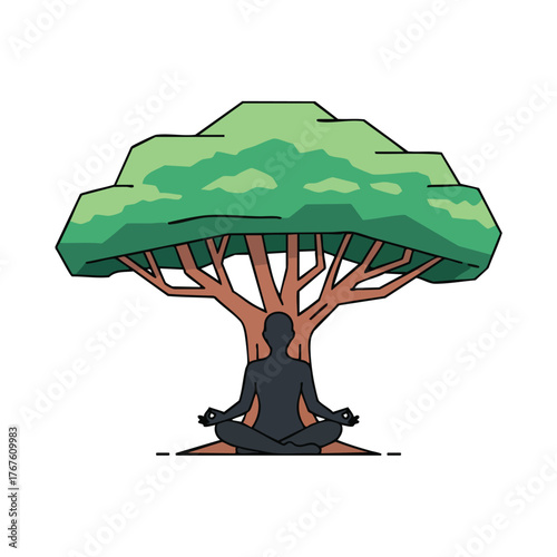 Silhouette of person meditating under a large tree
