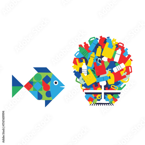 A stylized fish swims tods a large ball of plastic trash.