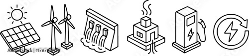 vector icons in isometric style of alternative sources of energy production and conversion into electricity, for web design, stickers, branding and decor