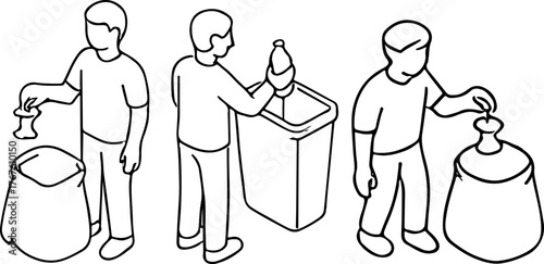 vector icons of the garbage sorting process, namely how people throw away garbage in line art and isometric style, for web design, stickers, branding and decor