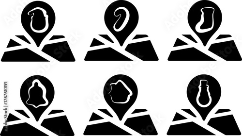 set of various markers for a card with New Year's attributes, namely with a Santa's head, a sock, a candy cane and a snowman in line art style, for thematic holiday designs