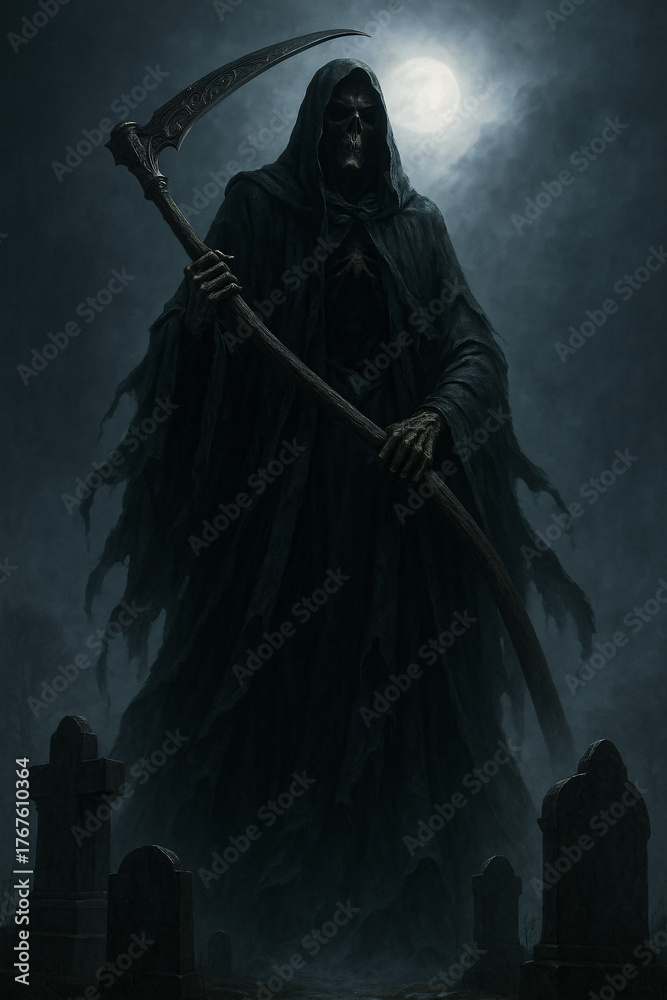 Fototapeta premium Epic Grim Reaper Death Figure with Ornate Scythe in Moonlit Cemetery - Dark Fantasy Halloween Horror Illustration for Gothic and Supernatural Themes