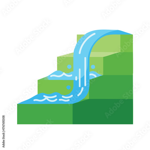 Stylized waterfall with green steps and blue water cascading down.