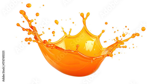 Vibrant orange juice splash in mid-air, droplets and crown shape