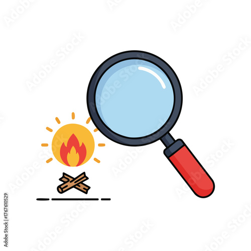 Magnifying glass focused on a stylized sun and campfire.
