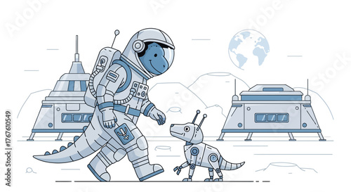 Dinosaur astronaut walking his robot dog on a lunar surface with a futuristic base