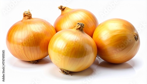 Wallpaper Mural Four whole yellow onions on white surface, showcasing fresh produce with smooth golden-brown skins. Torontodigital.ca