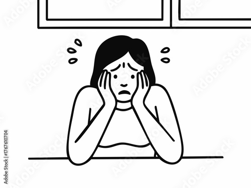 Simple illustration of a distressed woman. Line art. Illness. Weather-related illness. Stress. Harassment. Mental illness