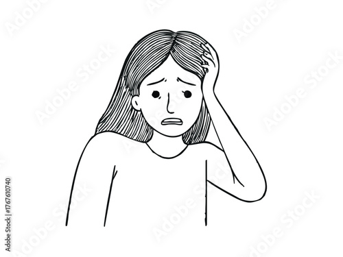 Simple illustration of a distressed woman. Line art. Illness. Weather-related illness. Stress. Harassment. Mental illness