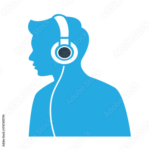 Flat vector icon of a person wearing headphones in profile, bright cyan silhouette for music, podcast, or audio app design