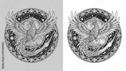 Cosmic Phoenix Bird and Meteorite in Ornate Mandala Frame