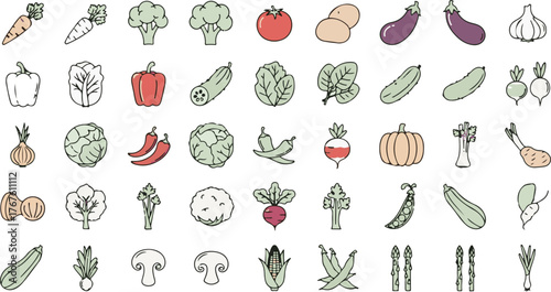 Vegetables Line Icon Set, Vector Pictograms of Broccoli, Potato, Onion, Garlic, Lettuce, Spinach, Pepper, Cucumber, Pumpkin, Turnip, Celery, Cabbage, Mushroom, Thin Linear Illustration