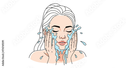 Vector illustration of a young woman cleansing her face with fresh water, a concept for a daily beauty skincare routine and morning hygiene