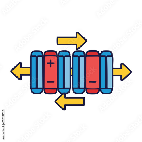 Stylized of batteries with positive and negative terminals.