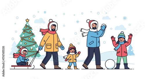 Family Fun in Winter A Festive Illustration of a Christmas Tree, Snow, and Winter Activities