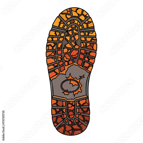 Close-up of a rugged boot sole with a detailed tread pattern.