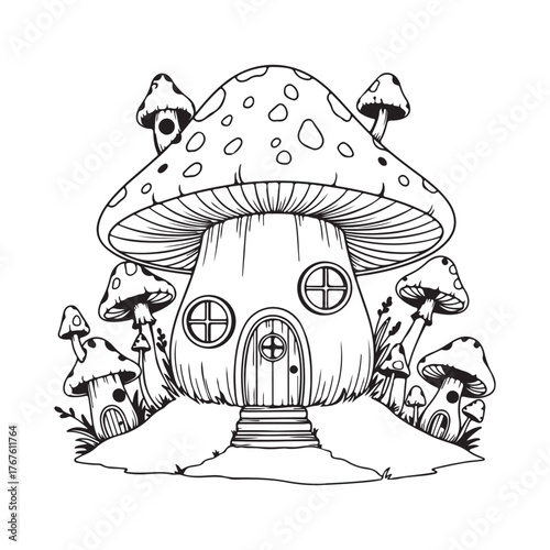 Mushroom house with mushrooms isolated on white background