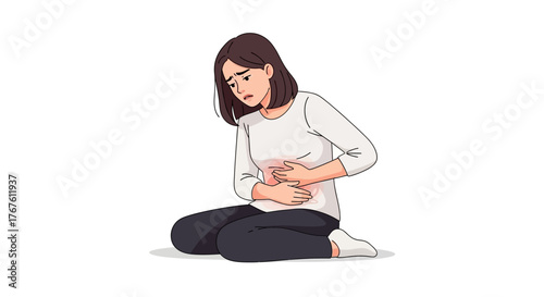 Young woman suffering from severe abdominal pain, clutching her stomach in discomfort, symbolizing digestive problems or menstrual cramps