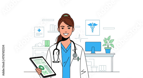 Smiling Female Doctor with Digital Tablet in Clinic Office, Healthcare Concept