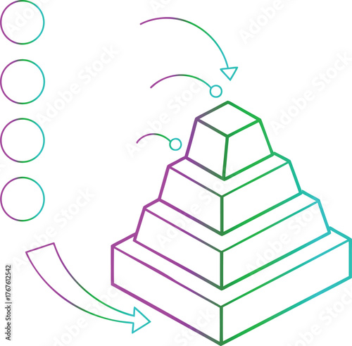 Abstract five step pyramid process diagram or business infographic with circular inputs and arrows, symbolizing hierarchy, growth, strategy, and sequential development levels.