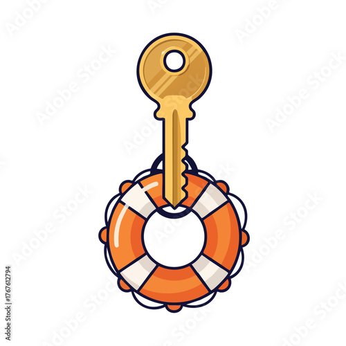 A gold key is hanging from a life preserver ring.