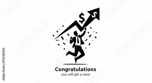 Excited businessman jumps for joy holding rising stock chart with dollar signs