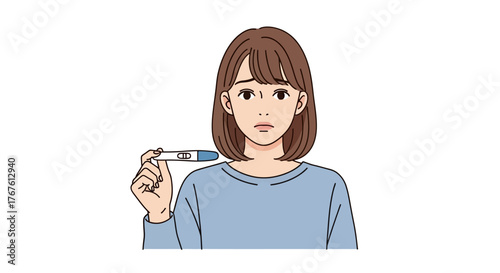 Worried Woman Holding a Pregnancy Test with Positive Result Illustration