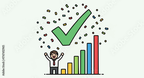 Excited businessman celebrates success with rising graph and confetti.