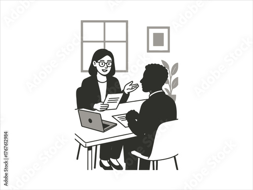 Job Interview Illustration  flat style HR manager interviewing candidate at office table with laptop and papers