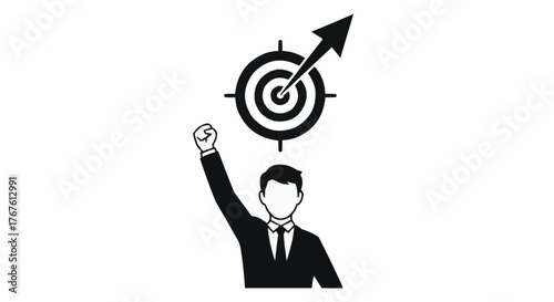 Businessman celebrates hitting bullseye with fist pump, symbolizing success and achievement