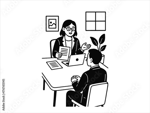 flat style HR manager interviewing candidate at office table with laptop and papers