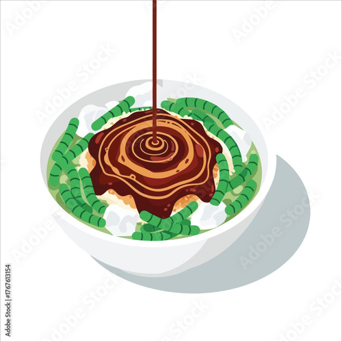 Delicious Cendol Dessert with Rich Chocolate Sauce Topping.