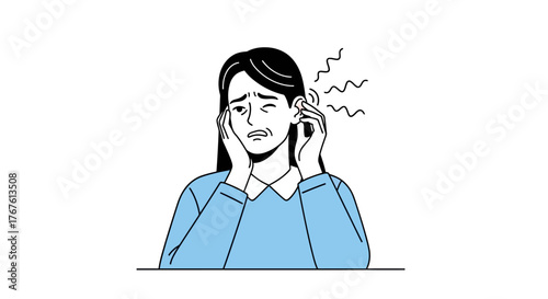 Illustration of a young woman suffering from severe ear pain or tinnitus, depicting discomfort, hearing problems, and auditory distress