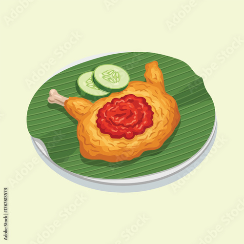 Delicious Fried Chicken Leg with Chili Sauce and Cucumber Slices on Banana Leaf.