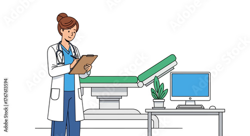 Vector illustration of a female doctor in a white coat writing on a clipboard in a modern medical examination room