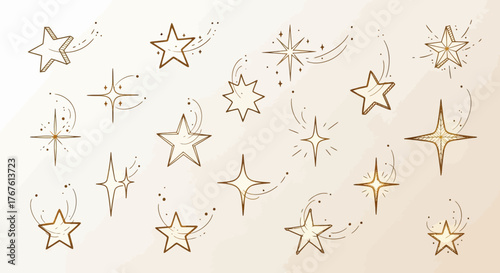 Elegant celestial star seamless pattern with hand-drawn golden brown style design creating a