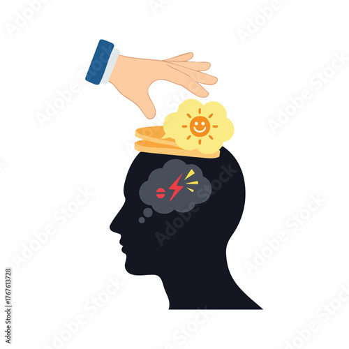 Hand placing happy sun over troubled mind silhouette.