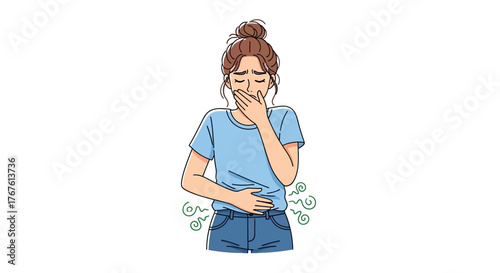 Young woman feeling bloated with abdominal pain and gas. Vector concept illustration of indigestion, food poisoning, or gastritis