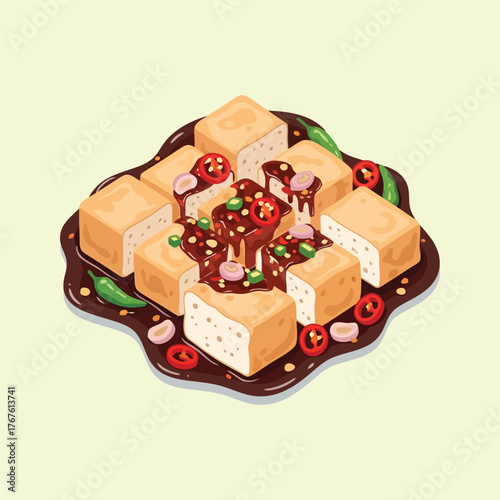 Delicious fried tofu cubes with savory sauce and garnishes on a plate.