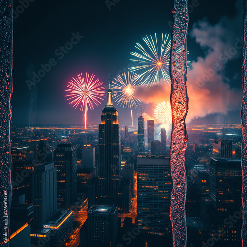 City skyline view with fireworks during New Year celebration through frosted window for festive atmosphere concept