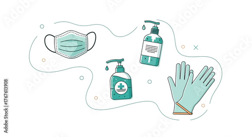 Essential protection illustration featuring medical mask sanitizer and gloves during pandemic times