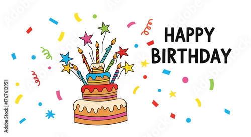 Festive birthday celebration with colorful confetti and delightful cake drawing