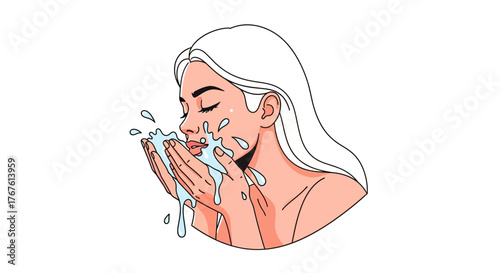 Woman washing her face with water, skin care and beauty routine vector illustration