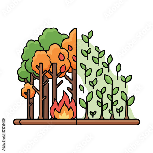 of a forest fire and new plant growth, symbolizing environmental change.
